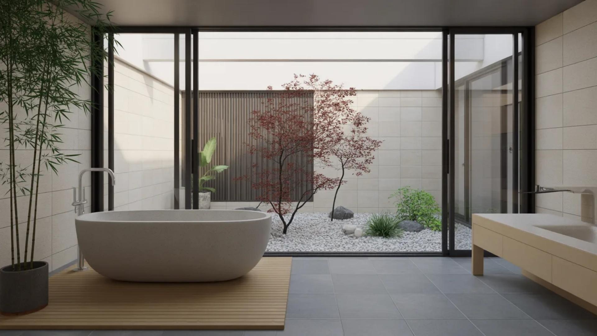 A modern, minimalist bathroom with a large sliding glass door opening to a small outdoor courtyard garden with a single tree.