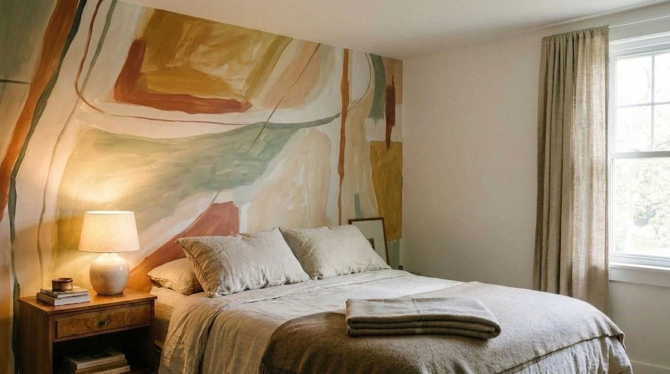 Bold painted circle on a bedroom wall behind the bed.