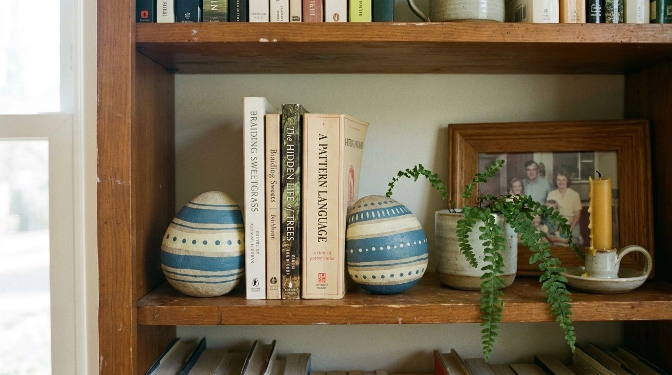 Painted river rock bookends holding books upright on a home shelf.
