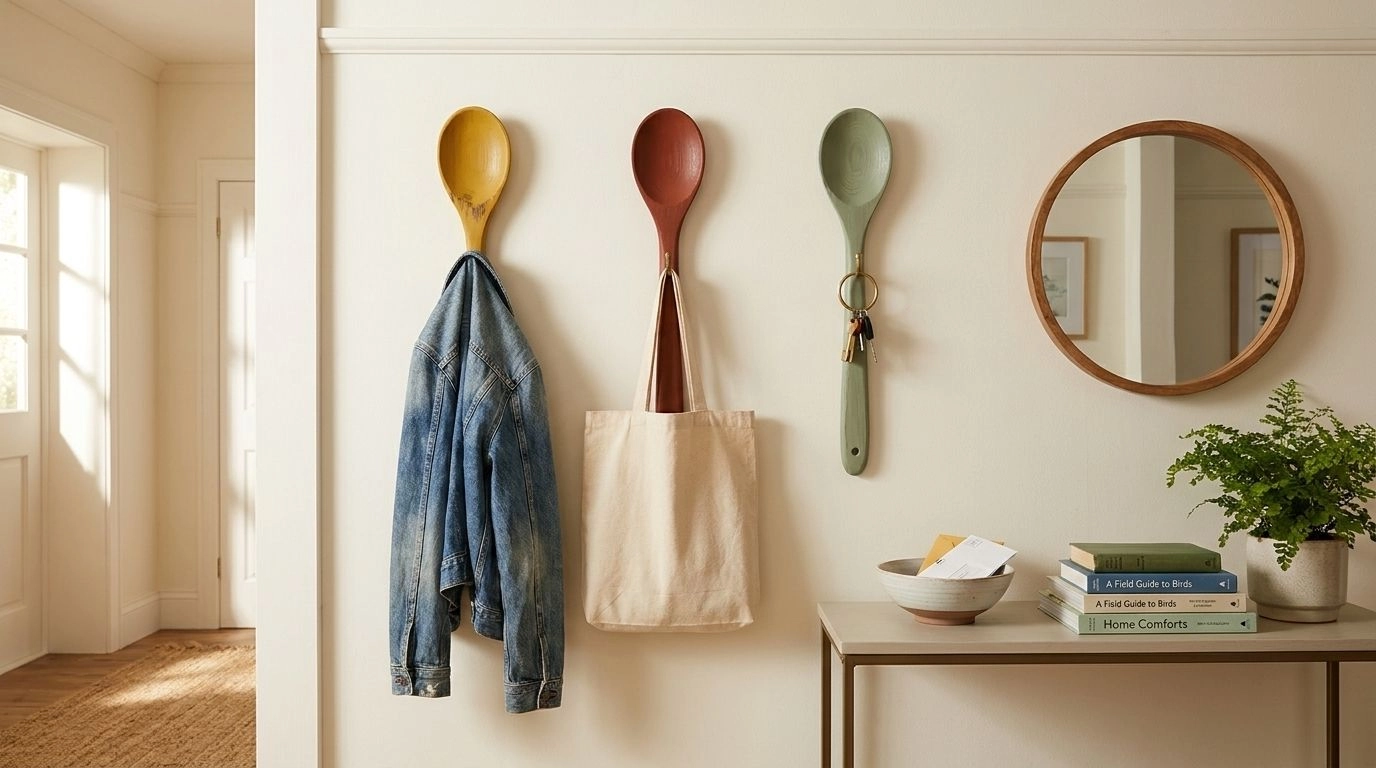 Painted wooden spoon coat hooks mounted on an entryway wall holding a jacket, bag, and keys.