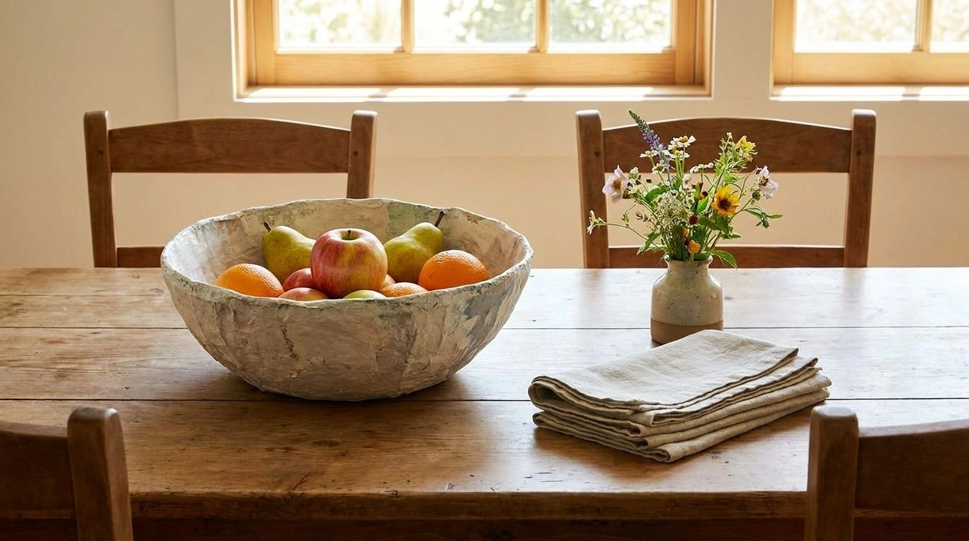 Painted paper mache bowl filled with fruit on a dining table.