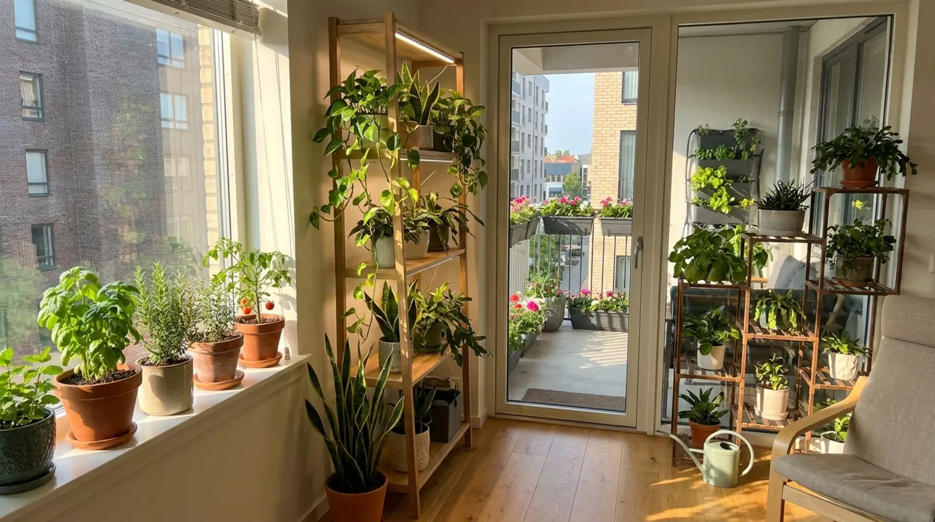 Apartment interior with windowsill plants, shelves, balcony planters, and indoor garden setups.