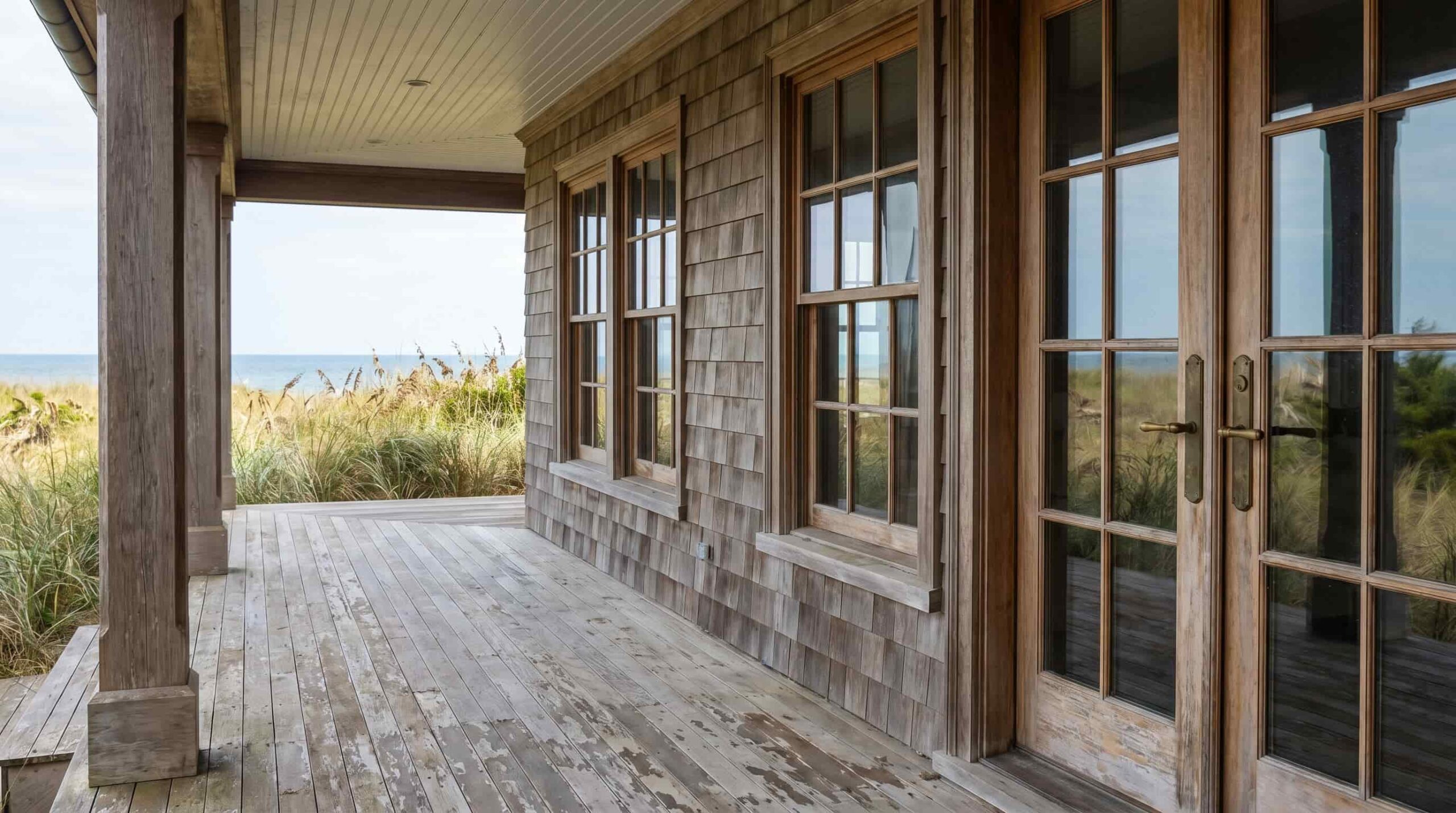 Wooden porch with glass-paneled doors and windows overlooking coastal grass dunes and the ocean