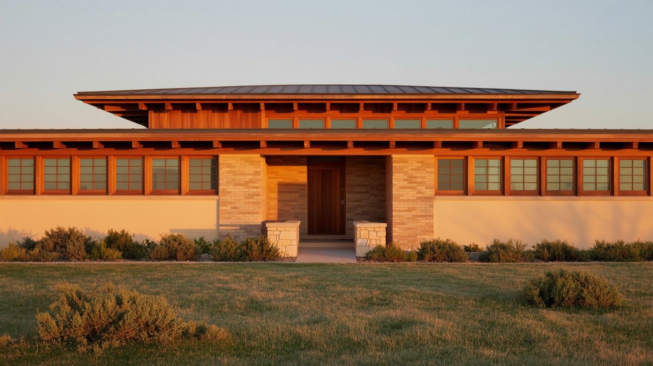 Prairie-style home with horizontal lines, low roof, and wide overhangs