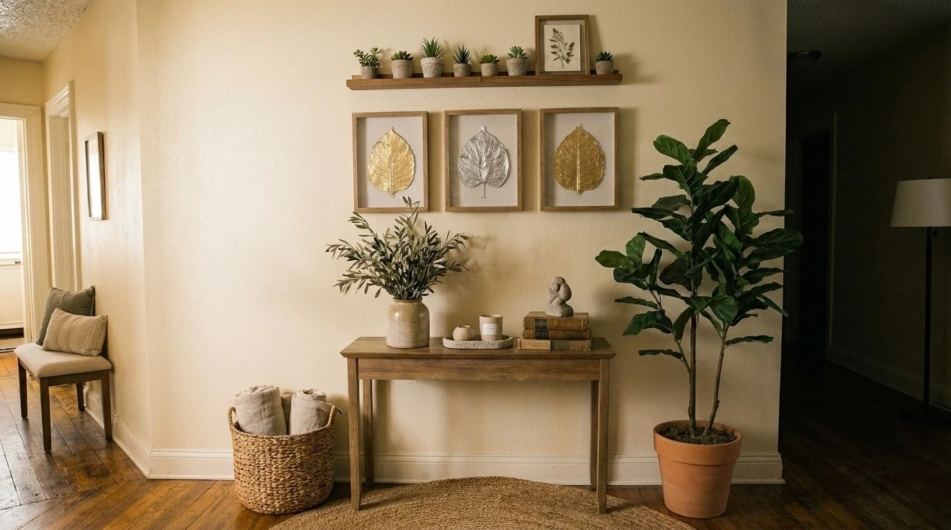 Framed pressed leaf foil art pieces grouped on a hallway wall.