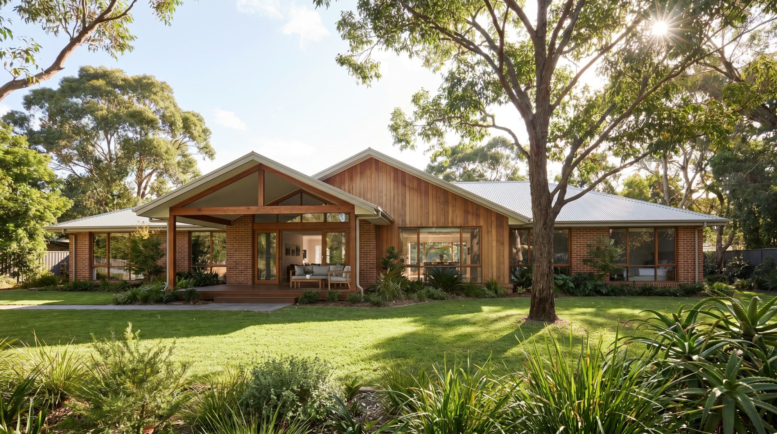 Ranch-style single-story home with long, low roofline and large front lawn