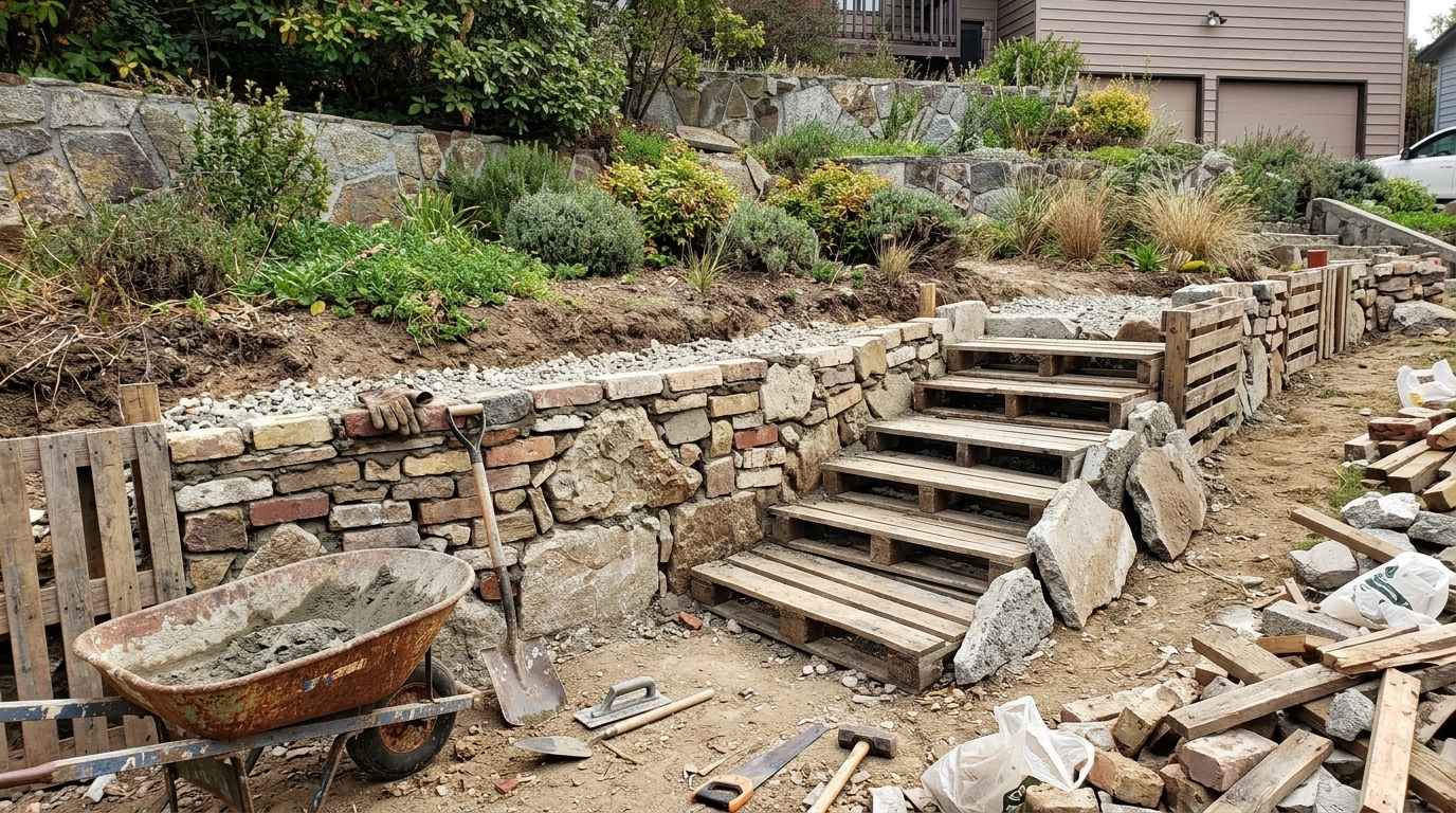 DIY retaining wall built from recycled bricks and reclaimed materials on a backyard slope showing an ultra-budget eco-friendly construction method