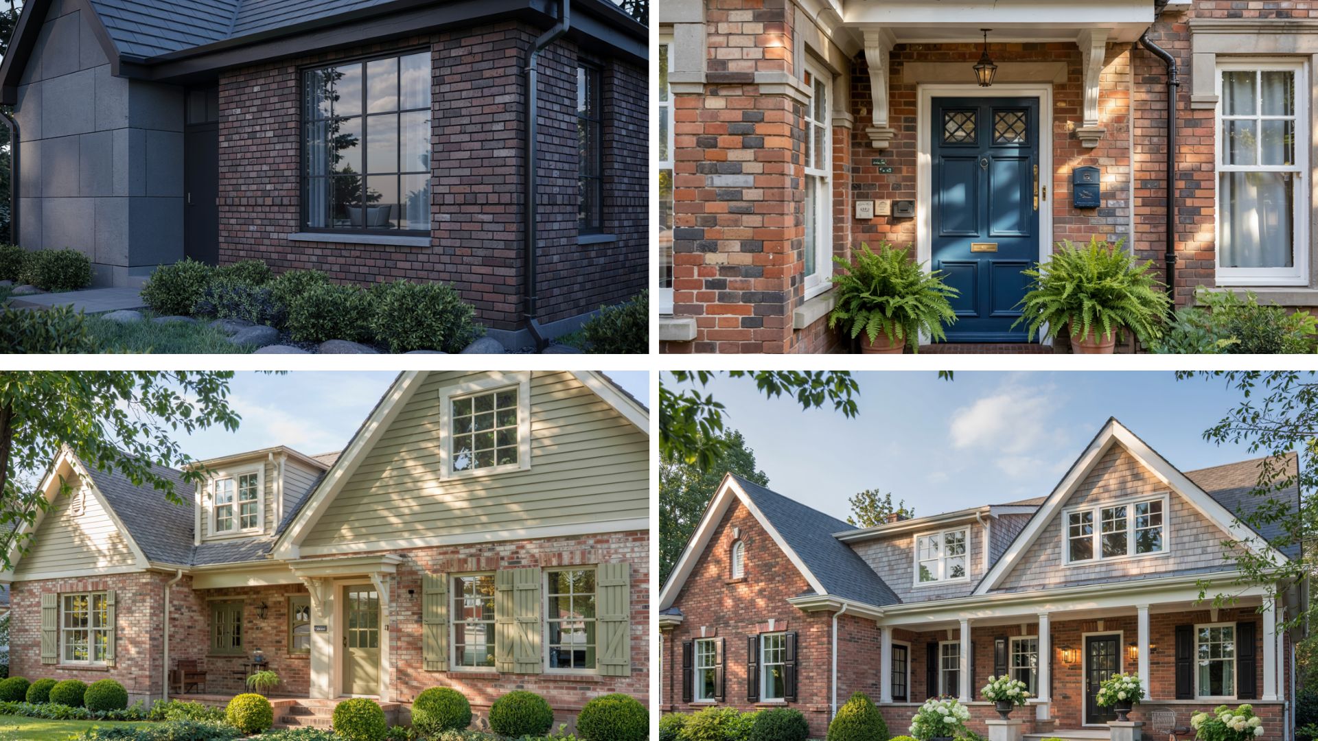 A collage of four red brick homes showcasing different exterior paint and trim color combinations.