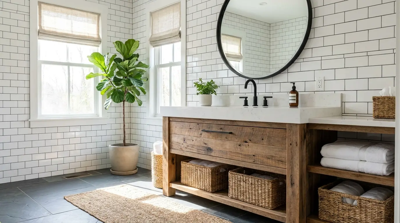Modern farmhouse bathroom with rustic wood vanity, subway tile walls, round mirror, woven baskets, and potted plant.