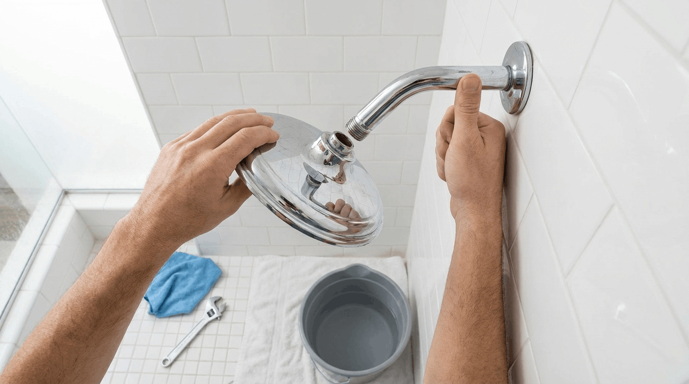 Removing an old showerhead by hand while holding the shower arm steady to prevent damage in a white tiled bathroom.