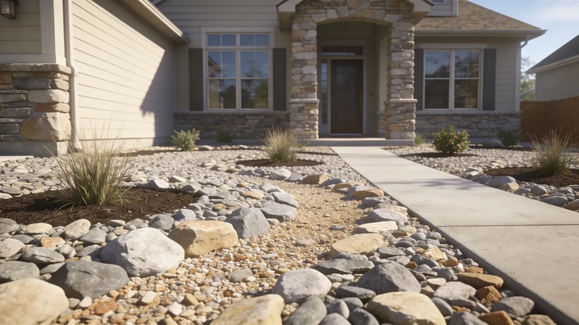 Front yard fully covered in rock mulch replacing grass for a clean low-maintenance landscape.
