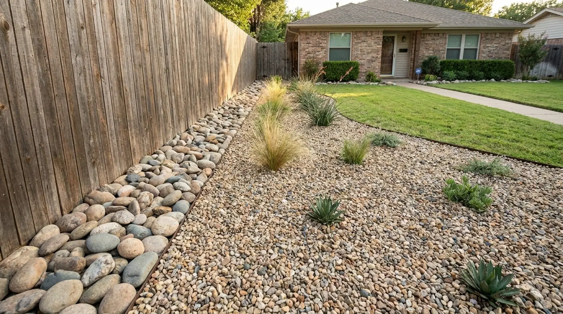 Rock border along a fence creating a tidy low-maintenance front yard edge