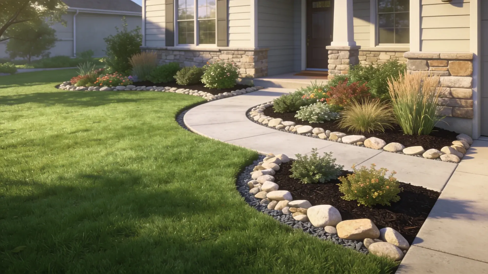 Front yard flower beds edged with river rock borders separating grass and mulch in modern home.