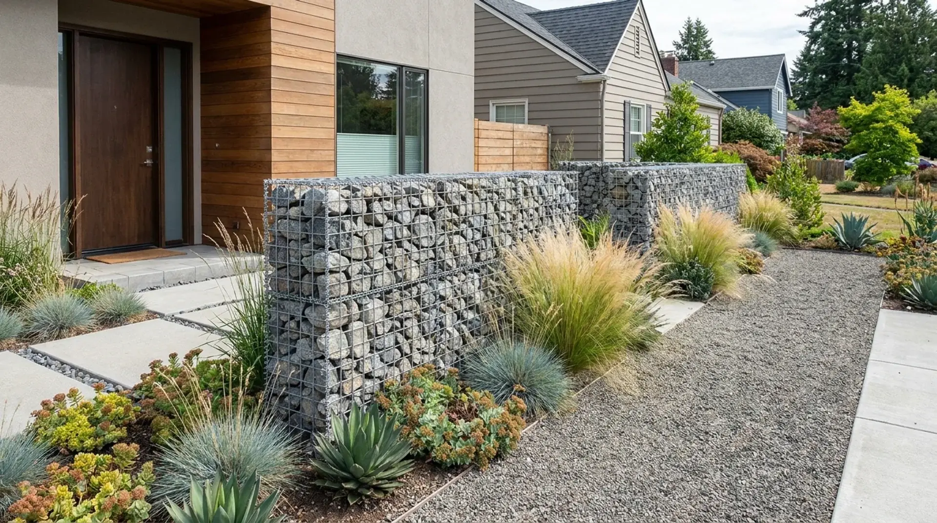 Modern front yard with gabion baskets filled with stones beside a contemporary home