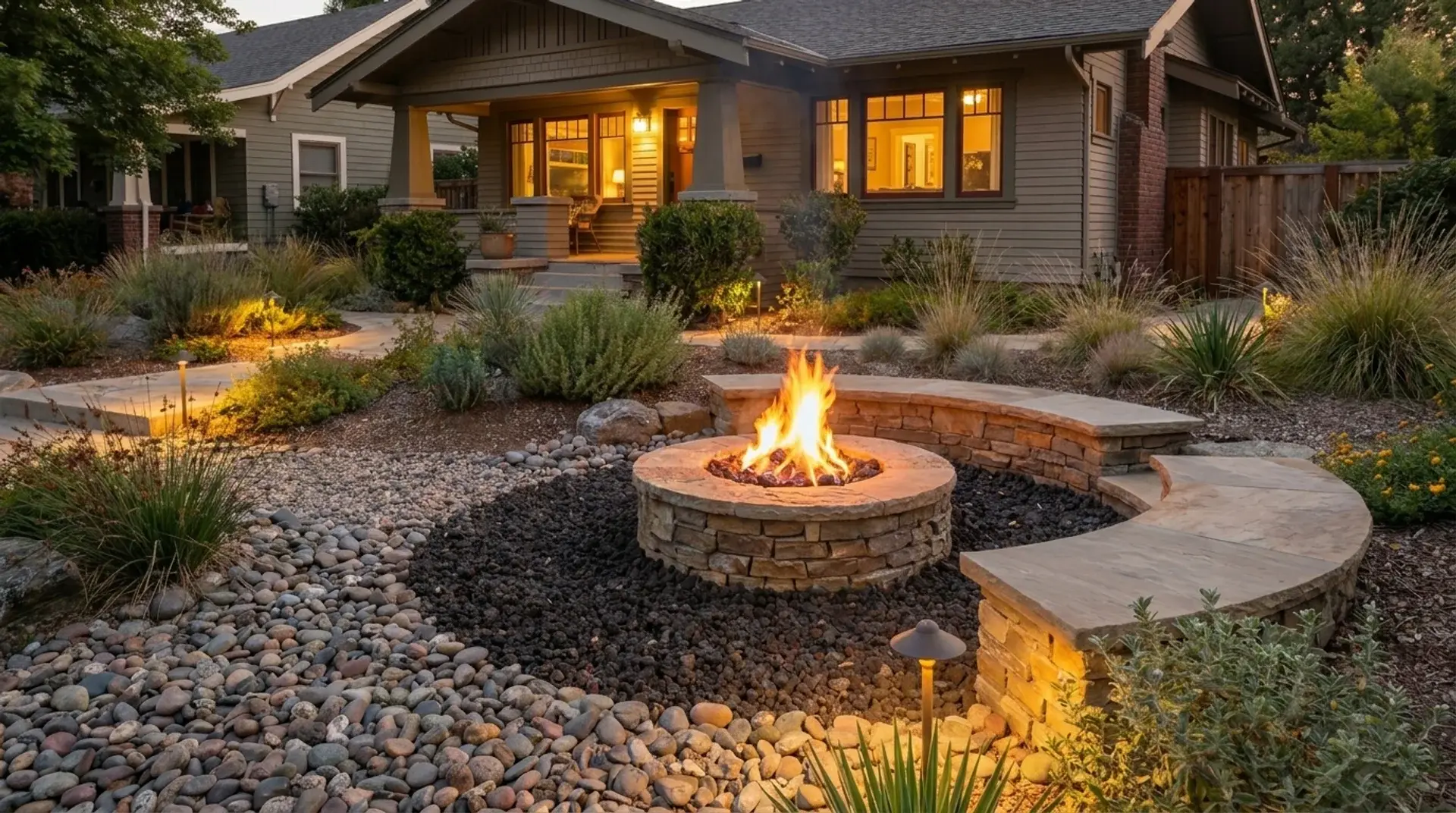 Rock-lined front yard fire pit surrounded by stone seating and gravel