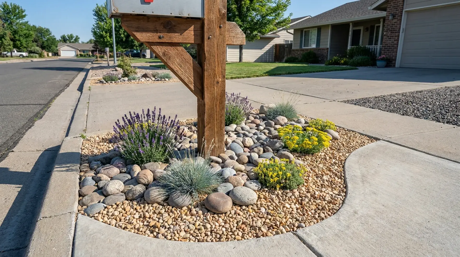 Mailbox surrounded by a small rock garden bed with low plants