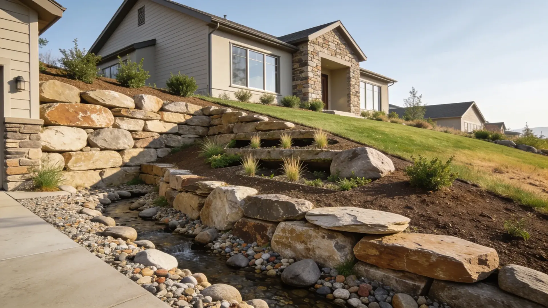 Front yard with rock retaining wall and dry creek bed on a sloped modern landscape.