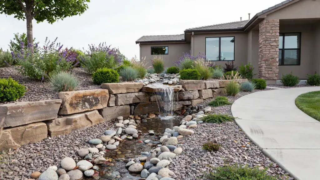 Front yard rock water feature with small waterfall spillway and stone basin landscaping design.