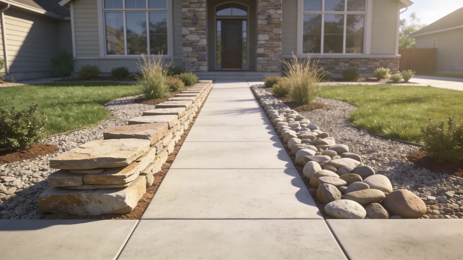 Front walkway with rock edging defining path using stacked and river stones in modern yard.