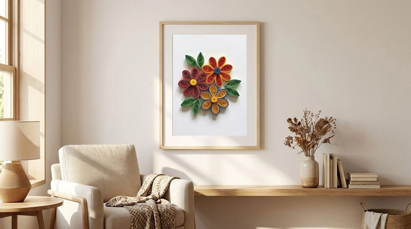 Framed rolled paper flower art hanging on a wall above a shelf.