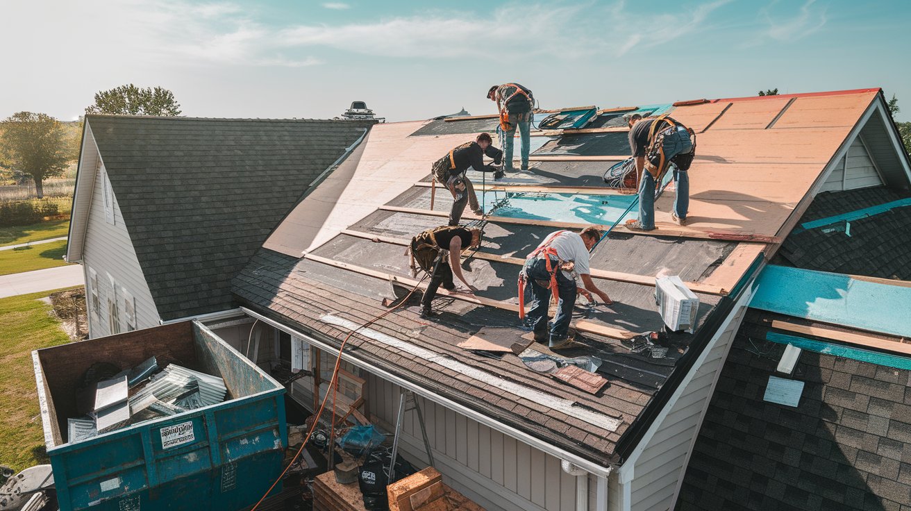Construction workers installing roofing on a residential house, with workers wearing safety gear and placing shingles while using tools on a sloped roof in daylight.