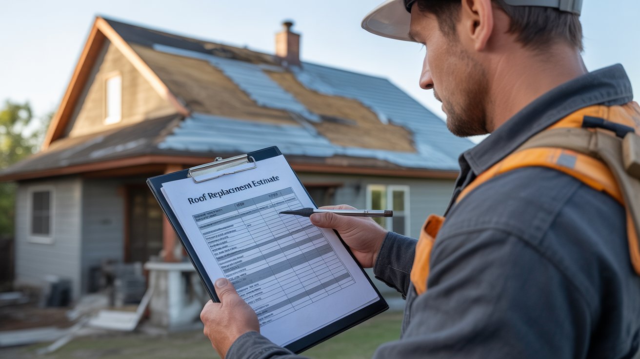Roof replacement estimate with a visible damaged roof and contractor reviewing the plan and materials