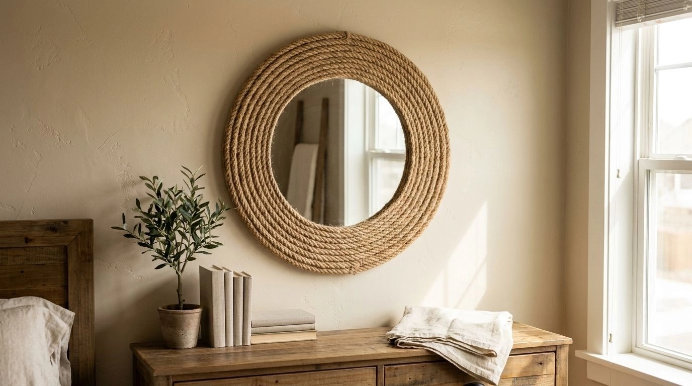 DIY rope-wrapped round mirror with a textured jute frame on a bedroom wall.