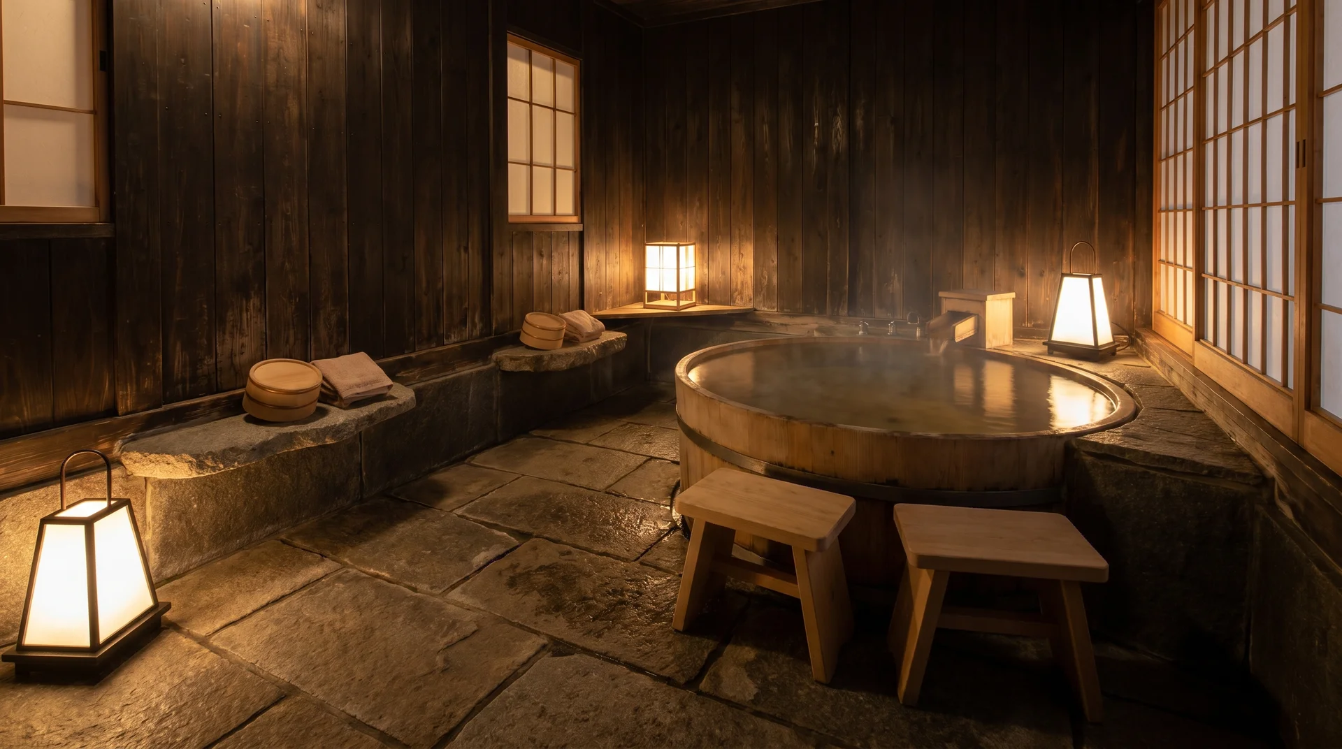 Traditional Ryokan-style bathroom with dark wood paneling, a stone floor, a wooden soaking tub, and warm lantern lighting.