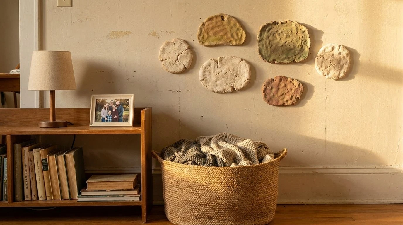 Small salt dough shapes glued together on a living room wall.