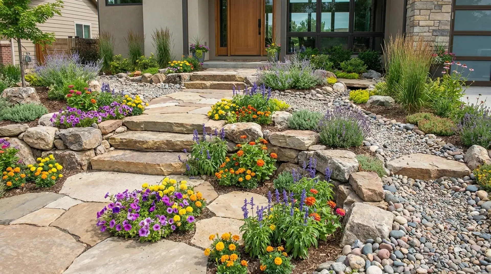Seasonal rock bed with colorful plants among decorative landscape stones