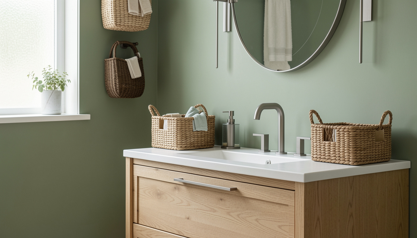 Bathroom with soft sage green walls, natural wood vanity, and woven baskets for a grounded, serene atmosphere.