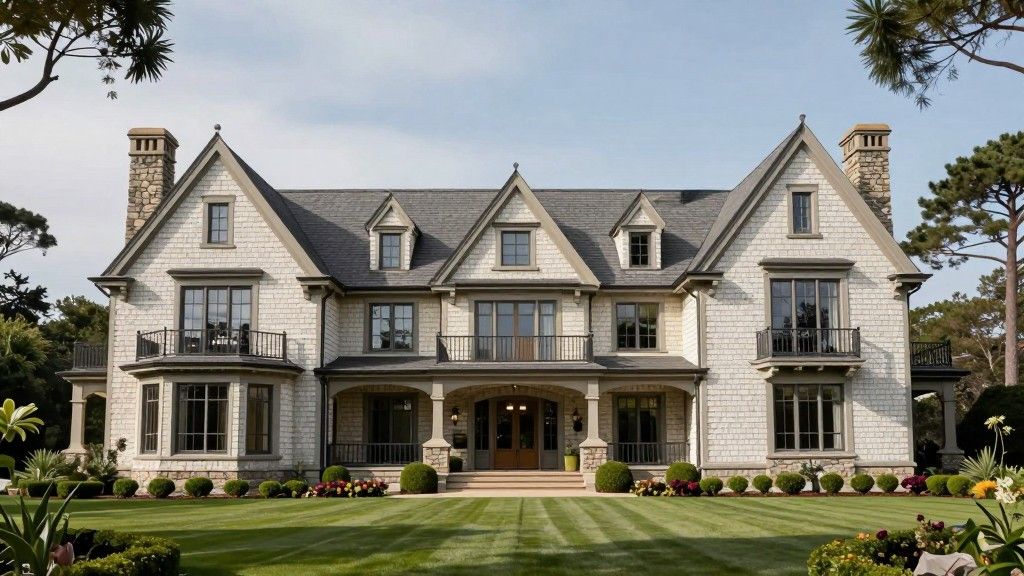 Large shingle-style home with multiple gables, stone chimneys, and landscaped lawn