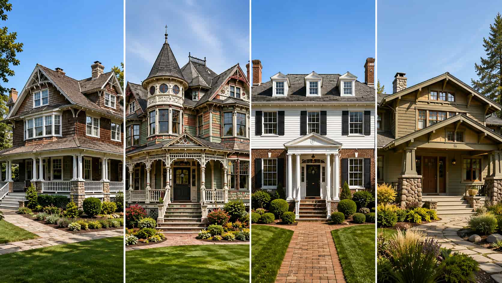 Side-by-side visual comparison of Shingle Style, Queen Anne, Colonial Revival, and Craftsman homes.