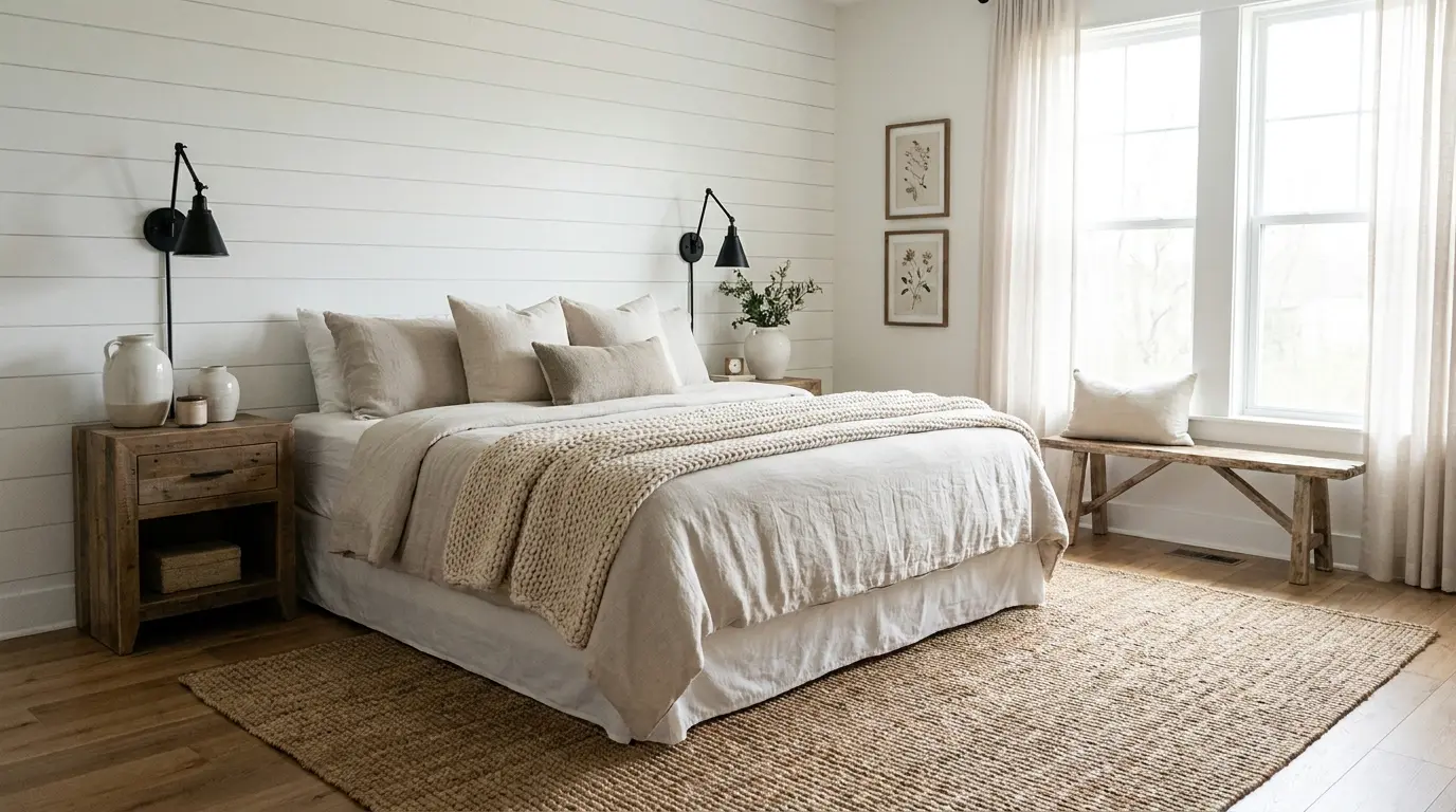 Modern farmhouse bedroom with shiplap wall, white bedding, wood nightstands, woven rug, and black wall sconces.