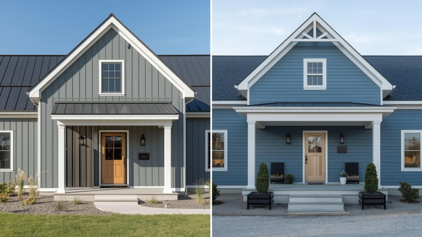 Two farmhouses in cool slate blue and steel gray, one crisp and modern, the other a deeper coastal blue