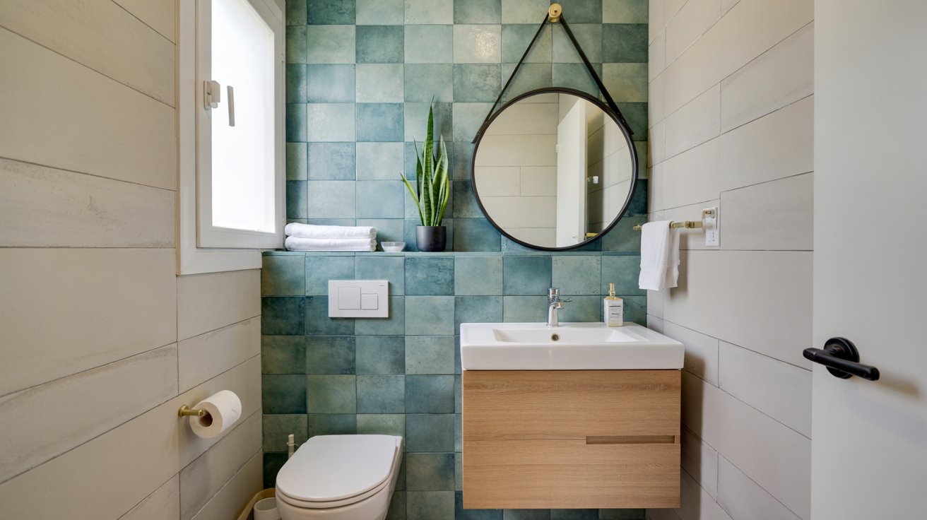 Modern bathroom with a handmade-look glazed Zellige tile accent wall behind a long white floating vanity with a round mirror.