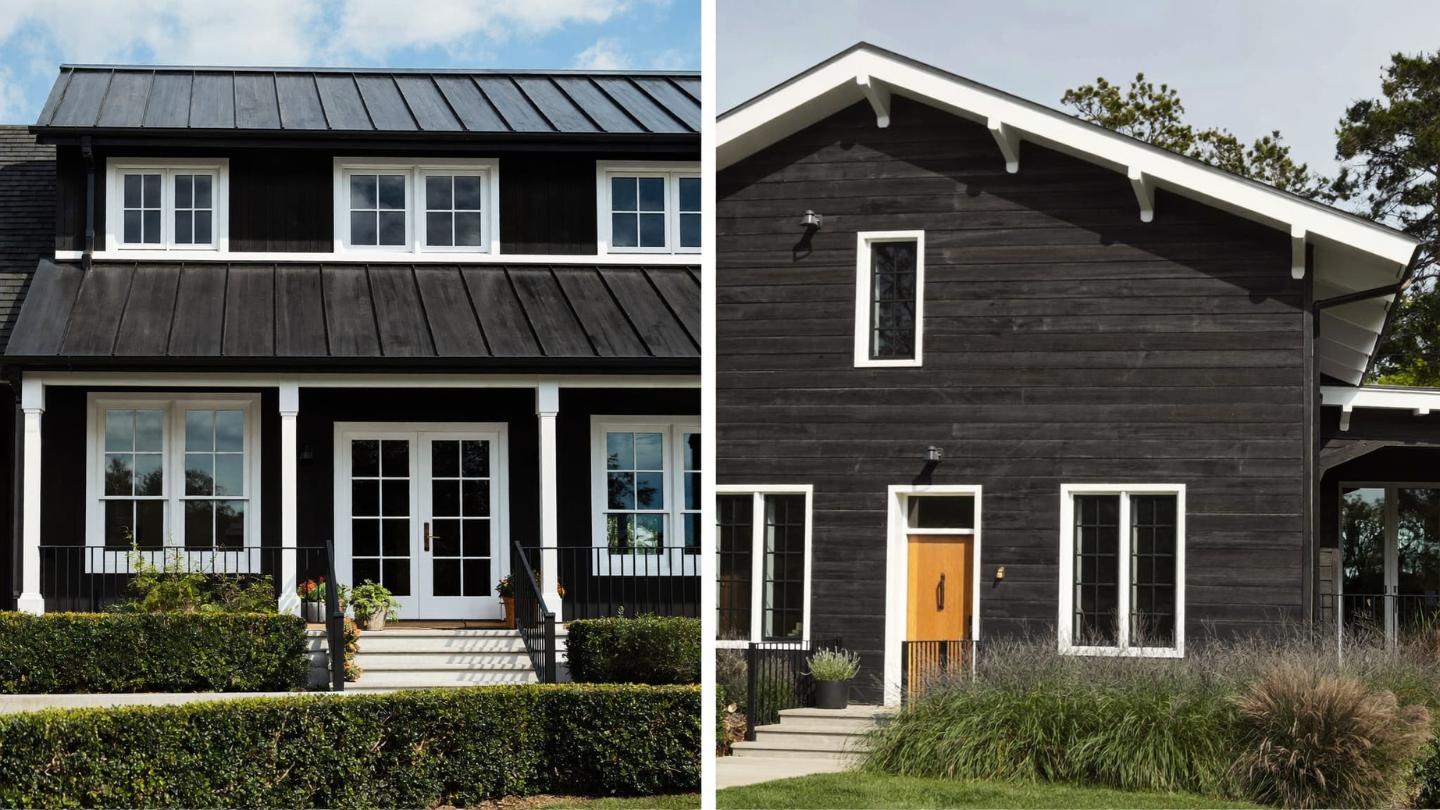 Deep Charcoal Farmhouse Exteriors with White Trim. From sleek modern to rustic board-and-batten.