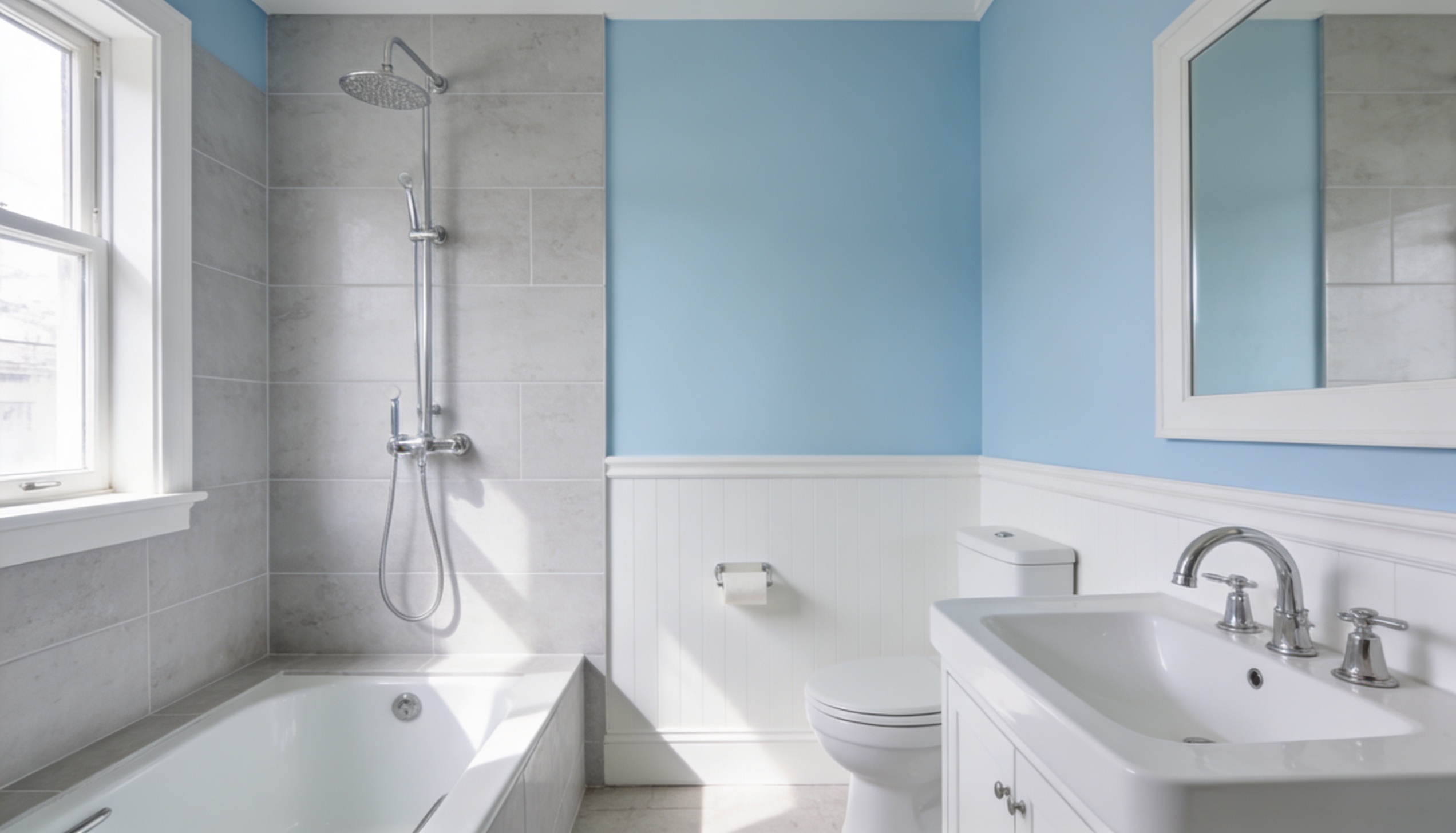 Bathroom with pastel blue walls, white wainscoting, and light gray tiles around the bathtub.