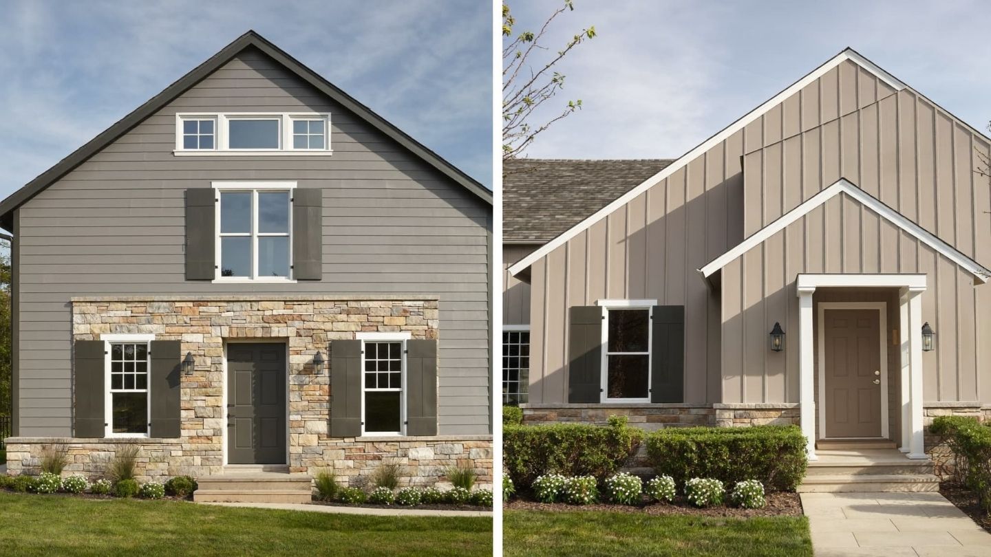 Soft Gray Farmhouse Exterior with Stone Accents and a warm, gray siding paired with natural stone