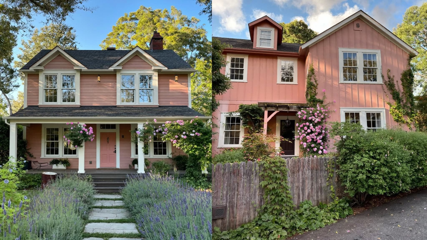 Two farmhouses in warm dusty rose and soft pink, both completely swallowed by mature climbing roses