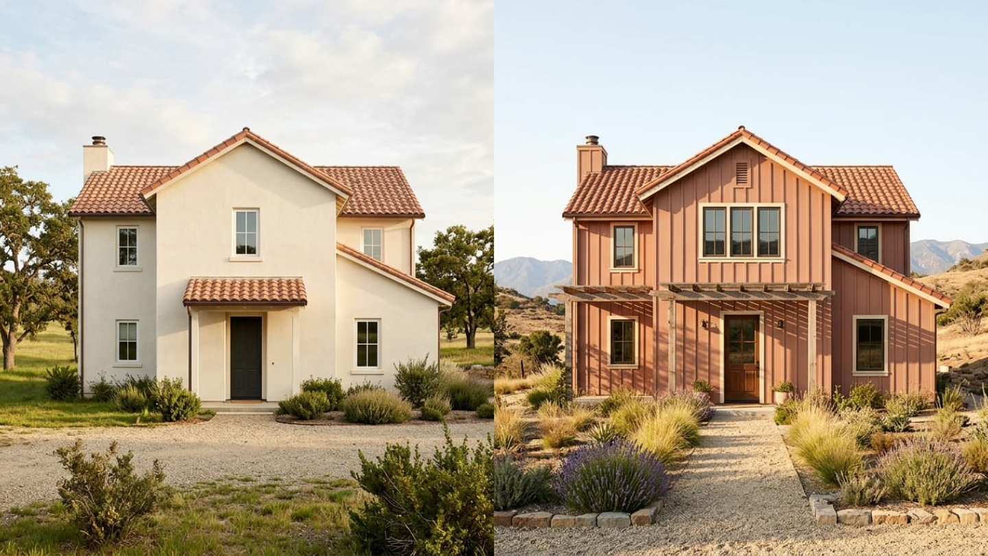 Two farmhouses with the same warm terracotta and clay-red palette, one rendered in smooth stucco, the other in vertical board siding.