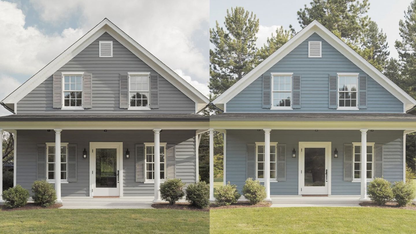 Cool Blue-Gray Farmhouse Exterior with White Trim and the same farmhouse in blue grays