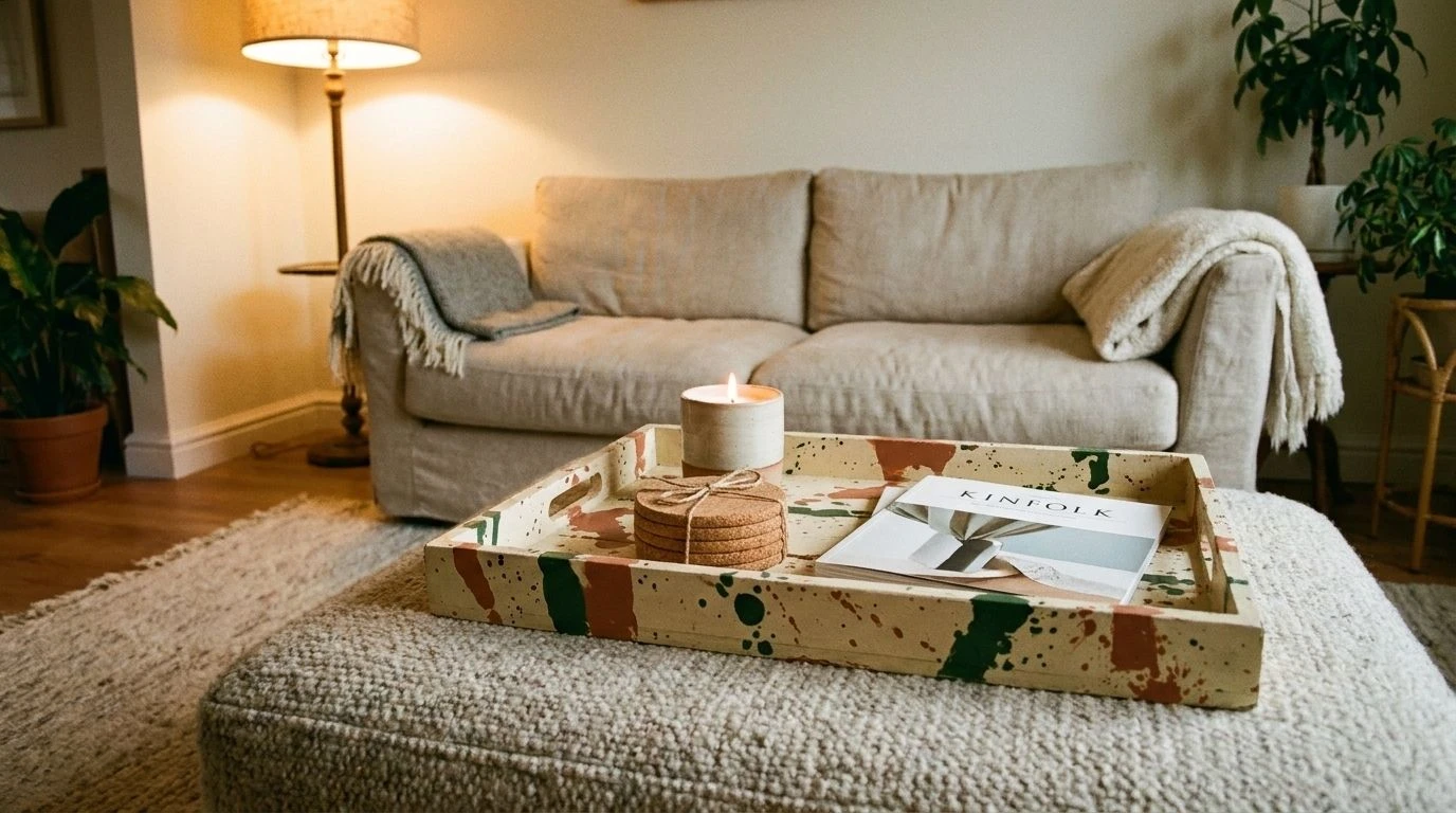 Speckled paint dot tray styled on an ottoman with a candle.
