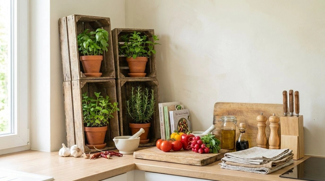 Stacked wooden crates holding potted herbs in a kitchen corner.