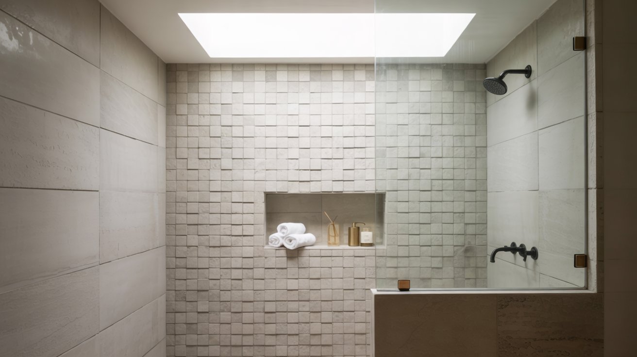 Modern shower with stacked gray accent tiles, a built-in storage niche, and a large illuminated skylight.