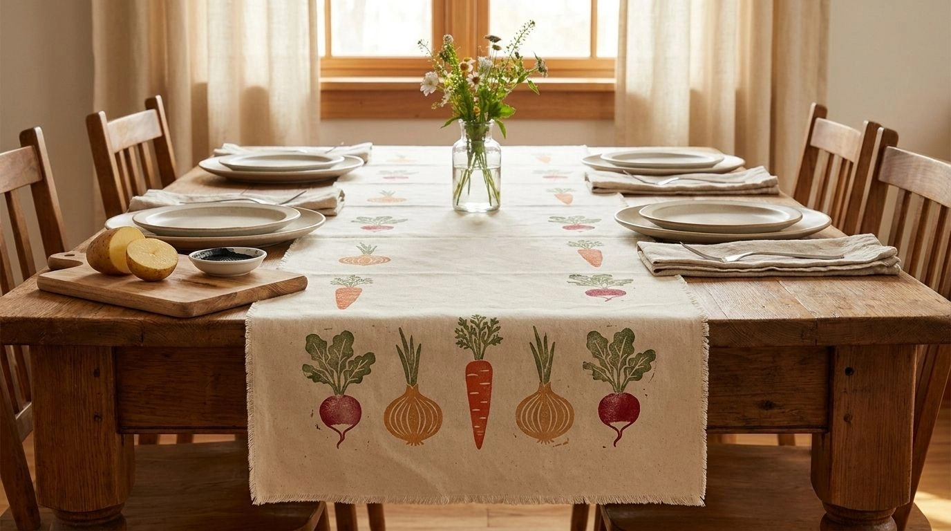 Stamped vegetable print table runner styled on a set dining table.