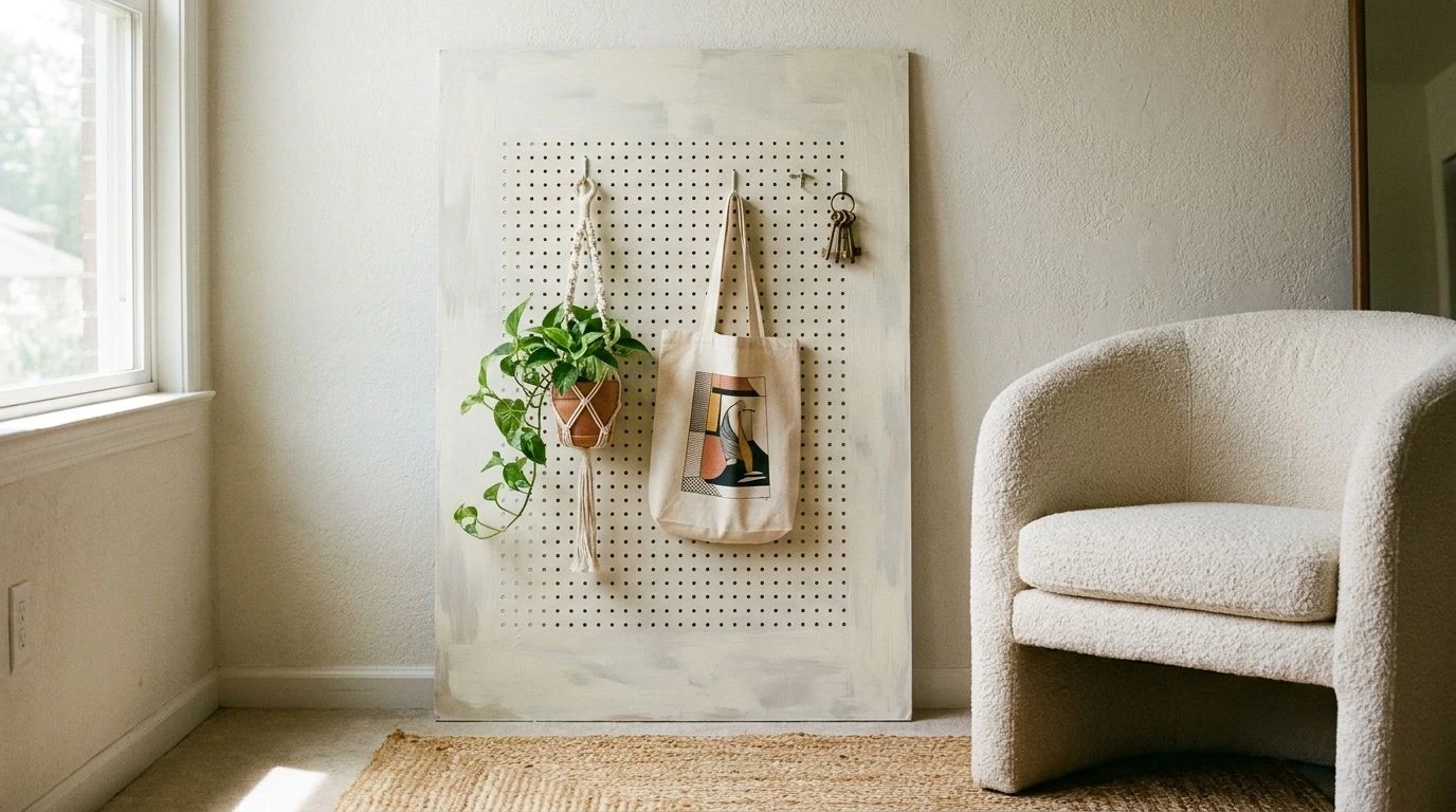 Freestanding painted pegboard display holding hooks and a hanging plant.