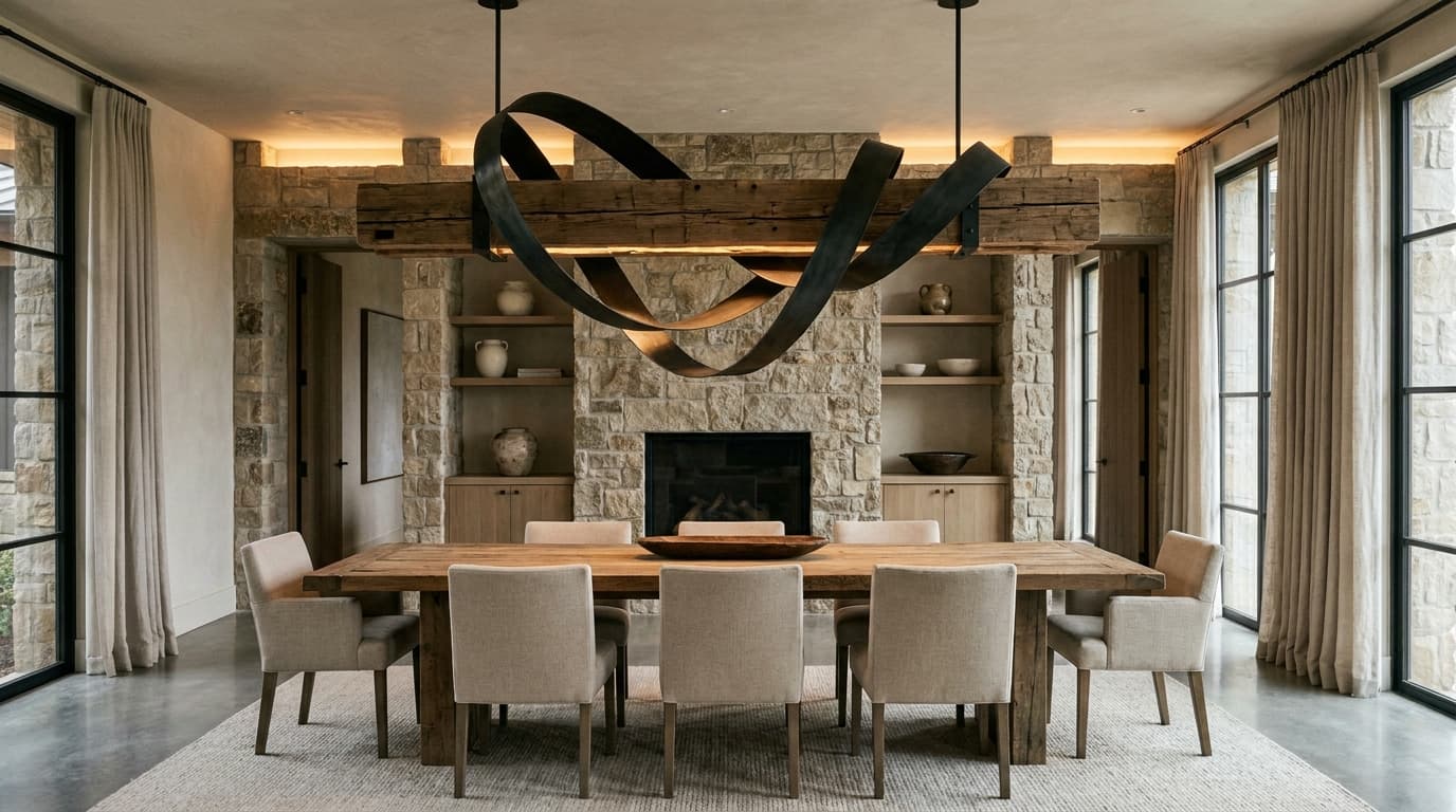 dining room with wood and metal statement chandelier