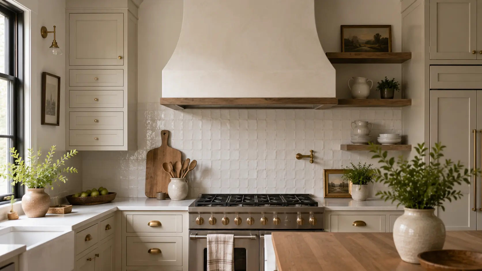 Modern farmhouse kitchen with a sculpted white range hood, handmade tile backsplash, warm wood shelves, and brass hardware.