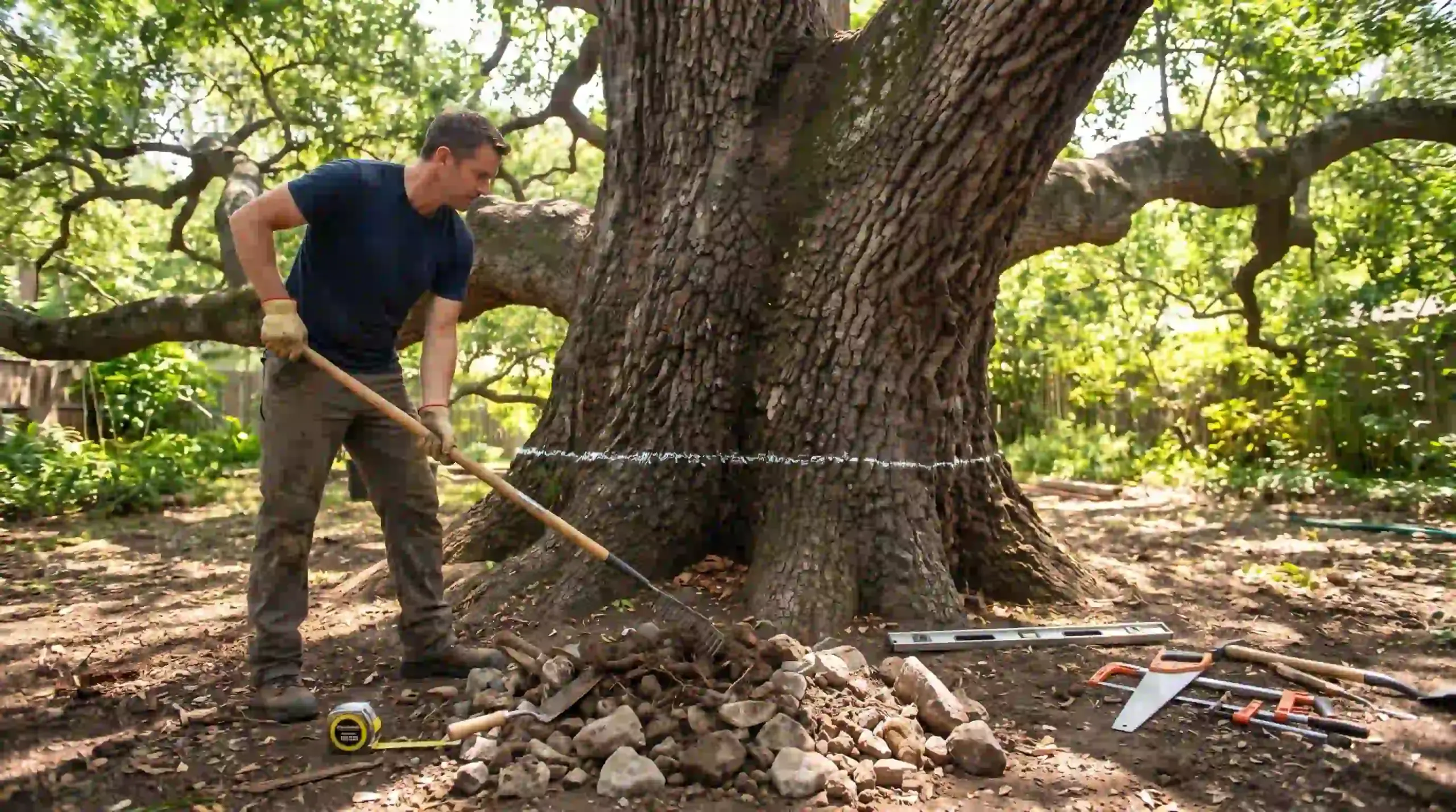 Person preparing a large tree planting site by clearing soil and measuring around the trunk.